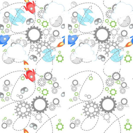 Industrial set pattern on white background. Wrench, clock, cog, gear, clouds, planet and rocket. Abstract concept of teamwork, successful business and communication.のイラスト素材