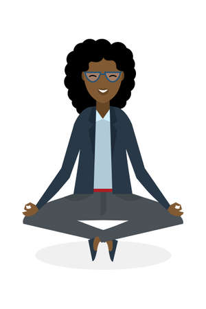 Businesswoman in lotus pose on white background. Isolated african american businesswoman. Concept of recreation, concentration and meditation. Yoga pose.のイラスト素材