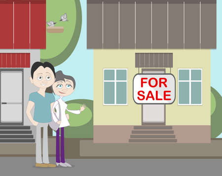 Young family with for sale house. Family search for new house. House with for sale sign. Happy new family.のイラスト素材
