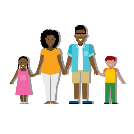 Multicultural traditional family with parents and children. Happy family. Boy and girl. African american family. Adopted boy. Smiling familyのイラスト素材
