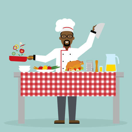 Male african american chef cooking on blue background. Restaurant worker preparing food. Chef uniform and hat. Table and cafe equipment.のイラスト素材