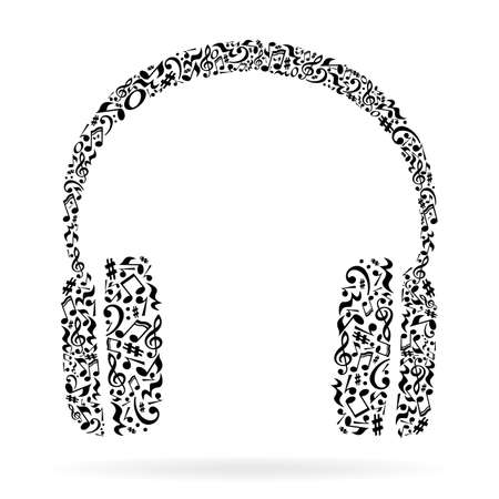 Headphones made of music notes. Black notes pattern. Black and white design. Earphone shape. Poster and decoration idea.のイラスト素材