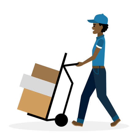 Delivery man with parcel on truck, trolley.  Fast transportation. Isolated african american cartoon character on white background. Postman, courier with package on trolley.のイラスト素材
