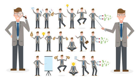 Caucasian businessman set. Isolated set of businessman on white background. Clipboard, pointer, money bag, speaker, magnet. Active and professiaonal businessman. Multitasking.のイラスト素材