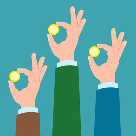 Three hands with golden coins. Concept of charity, investment. Market and bank business. Hands...