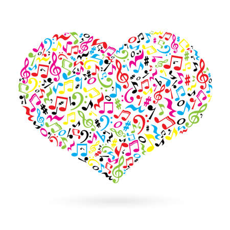 Isolated heart made of notes on white background. Heart shaped pattern. Musical art. Colorful musical notes.のイラスト素材