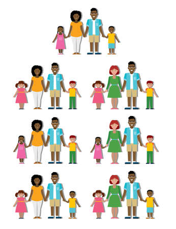 Multicultural traditional family with parents and children. Happy family. Boys and girls. African american and caucasian families. Adopted boy, girl. Smiling family. New parents. Family set.のイラスト素材