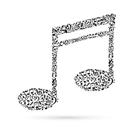 Music note made of music notes on white background. Black notes pattern. Note shape. Poster and decoration idea.のイラスト素材