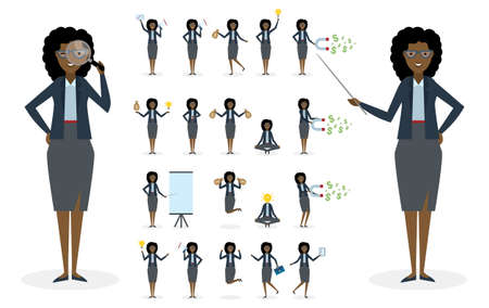 African american businesswoman set. Isolated set of businesswoman on white background. Clipboard, pointer, money bag, speaker, magnet. Active and professiaonal businesswoman. Multitasking.のイラスト素材