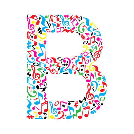 B letter made of colorful musical notes on white background. Alphabet for art school. Trendy font. Graphic decoration.のイラスト素材