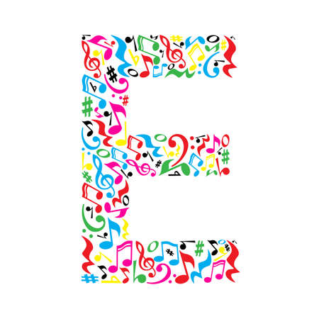 E letter made of colorful musical notes on white background. Alphabet for art school. Trendy font. Graphic decoration.のイラスト素材