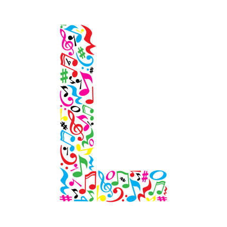 L letter made of colorful musical notes on white background. Alphabet for art school. Trendy font. Graphic decoration.のイラスト素材