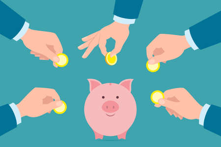 Putting golden coins in piggy bank. Investment, payment, savings earnings. Pink piggy bank.のイラスト素材