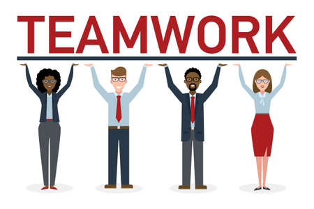 Teamwork concept. Four businessmen holding placard teamwork. Success in business, career and communication. Happy partership helps find solution and achieve success.のイラスト素材