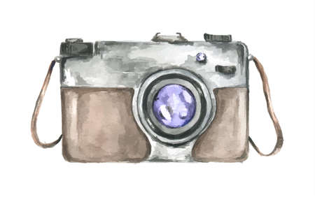 Watercolor retro camera. Vintage camera as professional equipment or hobby. Old-fashioned art style. Isolated camera on white background.のイラスト素材