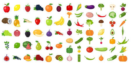 Set of fruits and vegetables. Different colorful vegetables and fruits. All kinds of green vegi and fruit for cooking meals, planting in garden.のイラスト素材