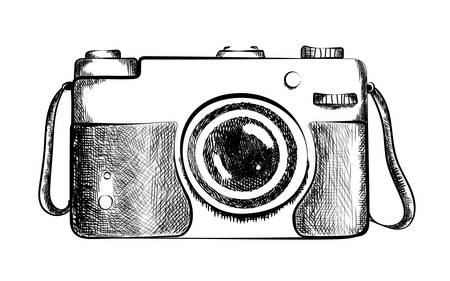 Drawn retro camera. Drawing of black and white vintage camera with lens. Old fashioned design. Camera closeup. Professional equipment or hobby photographer.のイラスト素材