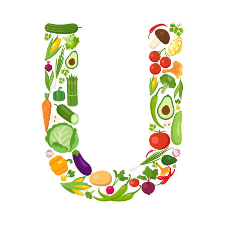 U letter from vegetables. Green alphabet. Fresh green vegetables for healthcare. Healthy diet concept.All vegetables like carrot, onion, tomato, pepper, cucumber, cabbage.のイラスト素材