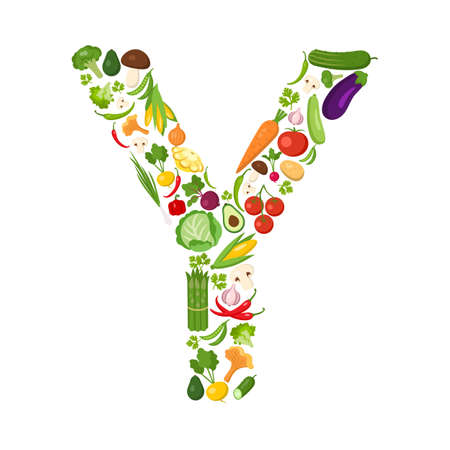 Y letter from vegetables. Green alphabet. Fresh green vegetables for healthcare. Healthy diet concept. All vegetables like carrot, onion, tomato, pepper, cucumber, cabbage.のイラスト素材