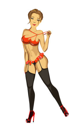 Isolated beautiful woman in lingerie on white background. Sexy red underwear and hot slim body.のイラスト素材