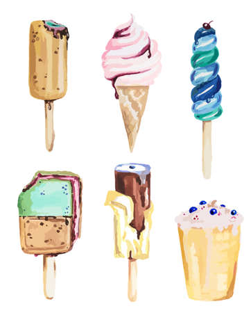 Watercolor ice cream set on white background. Fresh and cold summer snack.のイラスト素材
