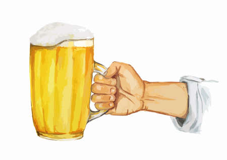 Isolated watercolor hand with beer glass on white background. Beer glass with foam. Bar and pub concept.のイラスト素材
