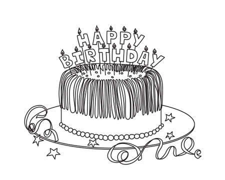 Celebration hand drawn cake sketch. Graphic art for coloring book or decoration. Sweet dessert for holiday. Birthday cake with candle.のイラスト素材