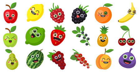 Happy smiling fruits on white background. Cute fresh stickers or decoration for menu, book and more.のイラスト素材