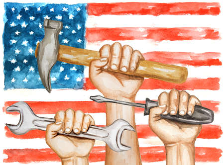 Hands with tools on the background of the USA flag. happy labor day watercolor illustrationの写真素材