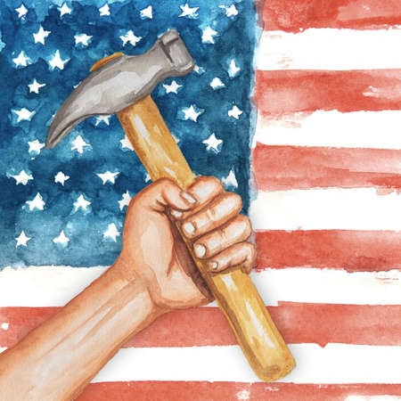 labor day concept watercolor illustration. human hand with hammer on american flagの写真素材