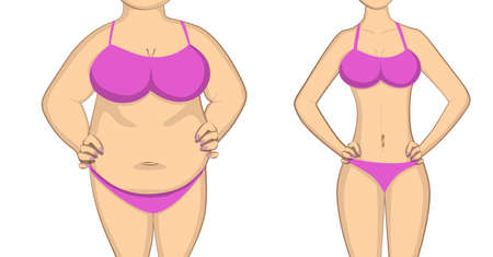 From fat to slim and healthy body. Before and after concept. Changing lifestyle and body shape.のイラスト素材