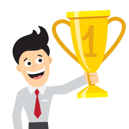 Businessman with trophy. Isolated happy cartoon character. Concept of success, win and achievement. Happy champion and leader.のイラスト素材