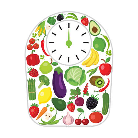 Weights made of vegetables and fruits. Concept of dieting, weight loss and finding balance. All kinds of fresh fruits and vegetables.のイラスト素材
