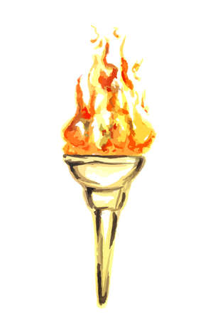 Gold torch with fire isolated on white. watercolor illustration.の写真素材