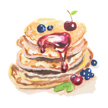 Watercolor stack of pancakes. Pancakes with berries and jam. Traditional american dessert. Tasty breakfast snack.のイラスト素材
