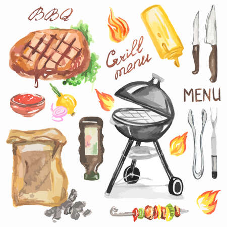 Watercolor bbq grill party set. Steak, grill machine, kebab, vegetables and sauces. Happy outdoor activity.のイラスト素材