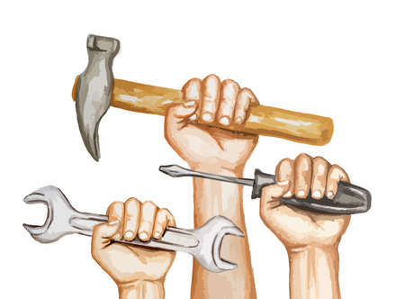 Watercolor hands with tools on white background. Happy labor day watercolor illustration.のイラスト素材