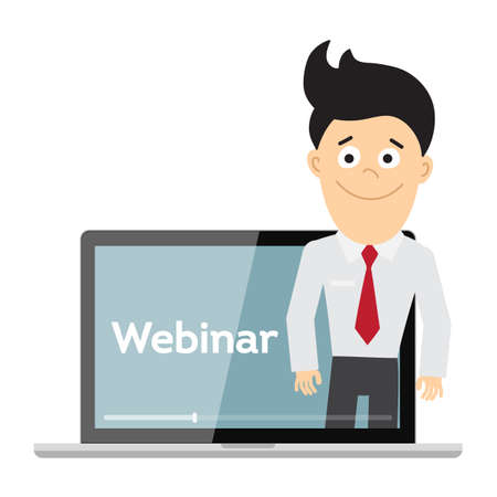 Online webinar concept. Laptop monitor with teacher, tutor, businessman. Online learning or e-learning.のイラスト素材