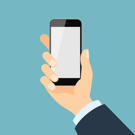 Hand holding smartphone. Isolated hand with phone. Blank screen. Businessman hand.のイラスト素材