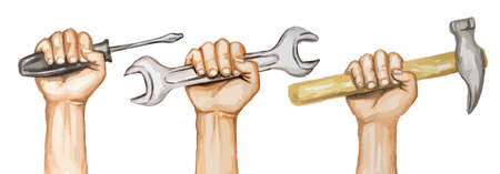 Watercolor hands with tools on white background. Happy labor day watercolor illustration.のイラスト素材