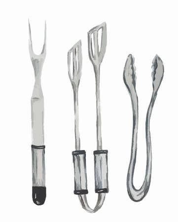 Watercolor grill utensil. Cooking tongs. Three set for holding hot meal.のイラスト素材