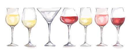 Watercolor wine glasses set. Beautiful glasses for decoration menu in restaurant or cafe. Alcoholic beverage.のイラスト素材
