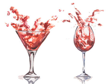 Watercolor wine splash set. Splash in wine glasses. Beautiful glasses for decoration menu in restaurant or cafe. Alcoholic beverage.のイラスト素材