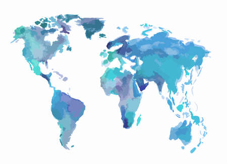 Watercolor blue world map. Beautiful map with lands and islands. Watercolor illustration for decoration.のイラスト素材