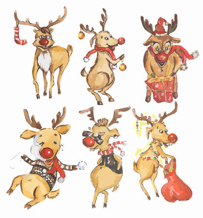Watercolor reindeer set. Cute funny deer set for new year and christmas decoration. Isolated cartoon character.のイラスト素材