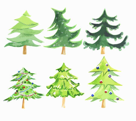Watercolor christmas tree set. Cute green tree set for new year and christmas decoration.のイラスト素材
