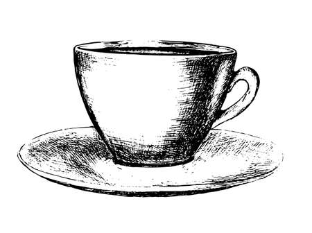 Hand drawn coffee cup on white background. Black and white cup with saucer. Coffee or tea.のイラスト素材