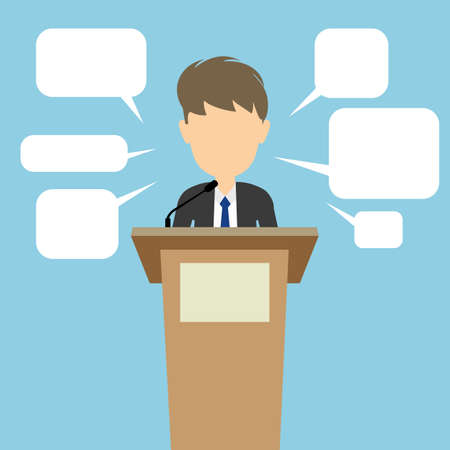 Politician with speech bubbles. Concept of debates or president election. Blank template face with speech bubbles.のイラスト素材