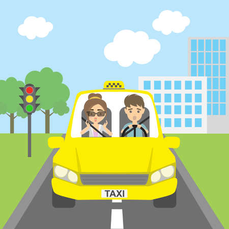 Taxi driver with passenger. Riding on the city street. Yellow car for urban service. Scared male driver and female passenger.のイラスト素材