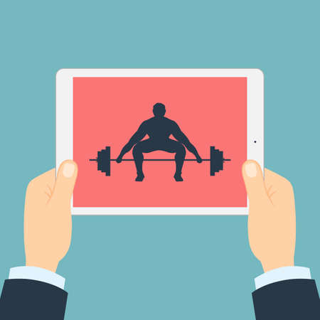 Fitness app for tablet. Weightlifter with barbell. Hands holding tablet. Bodybuilding app.のイラスト素材